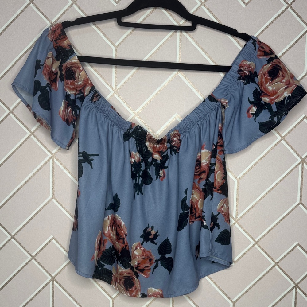 Fashion Nova Floral Off-Shoulder Blouse in Blue and Pink Medium